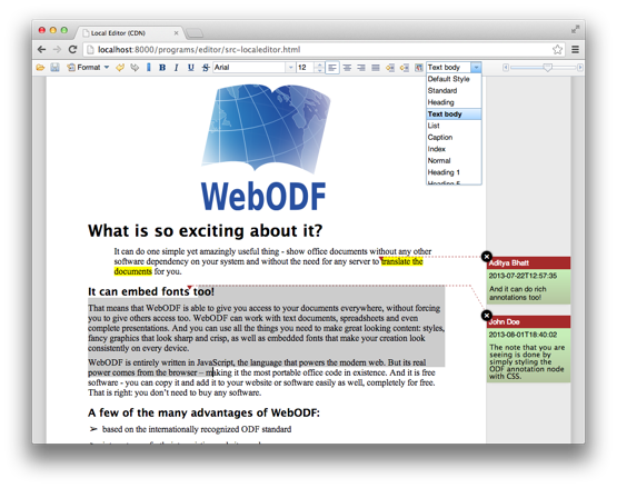 WebODF used for editing